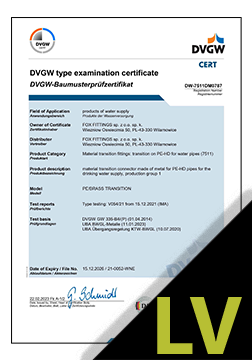 Misiņa/PE pāreja DN 75-125 Sertifikāts LV